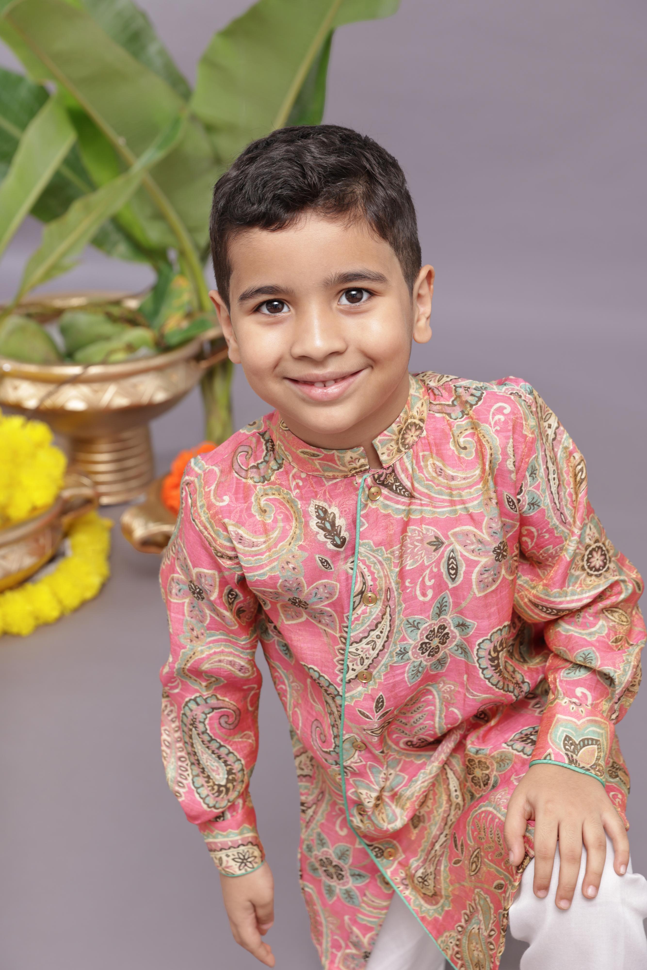 BANARASI JACQUARD PRINTED PINK KURTA AND PYJAMA